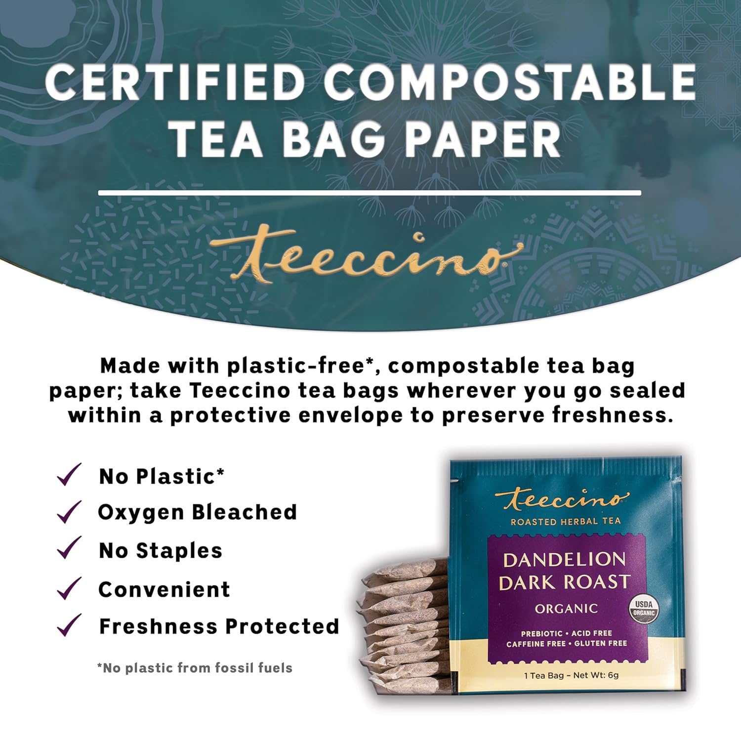 Teeccino Dandelion Dark Roast Tea - Caffeine Free, Organic, Roasted Herbal Tea with Prebiotics, 3x More Herbs than Regular Tea Bags - Gluten-Free, Acid-Free Coffee Alternative - 10 Tea Bags