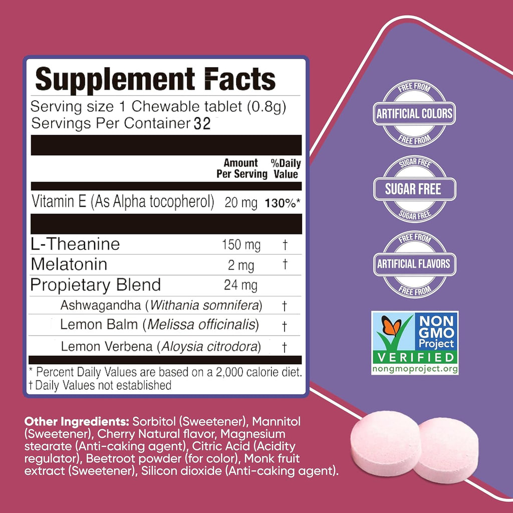 Natural Sleep Aid with Melatonin, Ashwagandha, Lemon Balm & L-Theanine – Cherry 32 Chewable Tablets + BlackBerry 32 Chewable Tablets