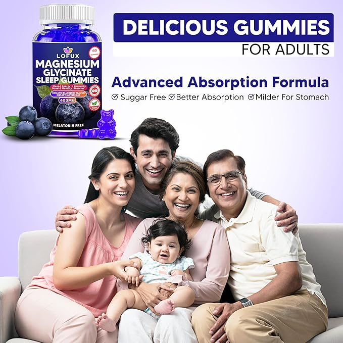 Lofux Magnesium Glycinate Gummies 400mg, Sugar Free Magnesium Gummies for Adults Women, Men, Chewable Supplement Gummy with L-Threonate, Vitamin D, B6, CoQ10 - for Calm, Sleep, Body Relaxation, 60 Ct