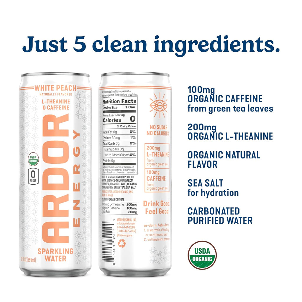 ARDOR ENERGY Sparkling Water with 100mg Natural Caffeine & 200mg L-Theanine from Organic Green Tea for Smooth Energy & Focus | Healthy Energy Drink | No Sugar, Zero Calories, Vegan, Gluten-Free | White Peach (Pack of 12, 12oz cans)