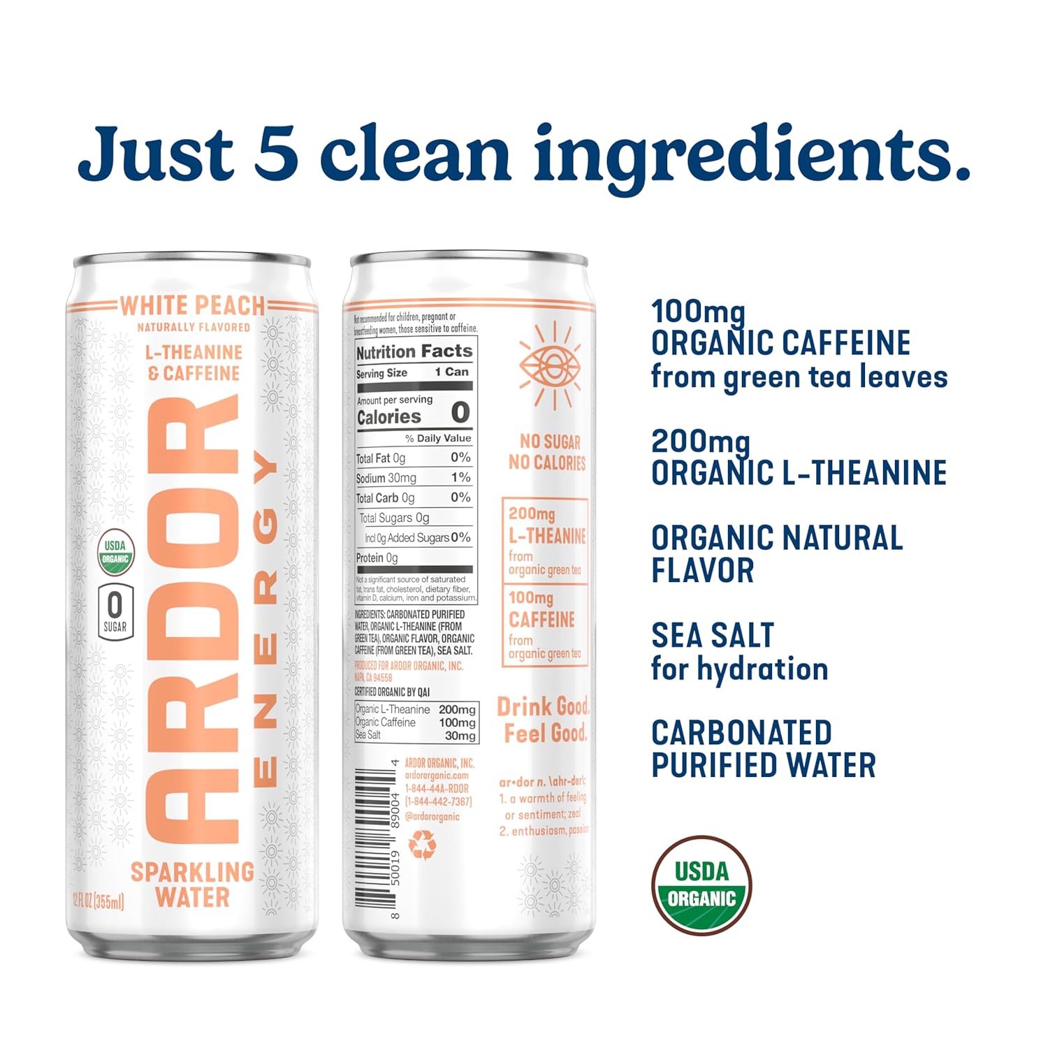 ARDOR ENERGY Sparkling Water with 100mg Natural Caffeine & 200mg L-Theanine from Organic Green Tea for Smooth Energy & Focus | Healthy Energy Drink | No Sugar, Zero Calories, Vegan, Gluten-Free | White Peach (Pack of 12, 12oz cans)