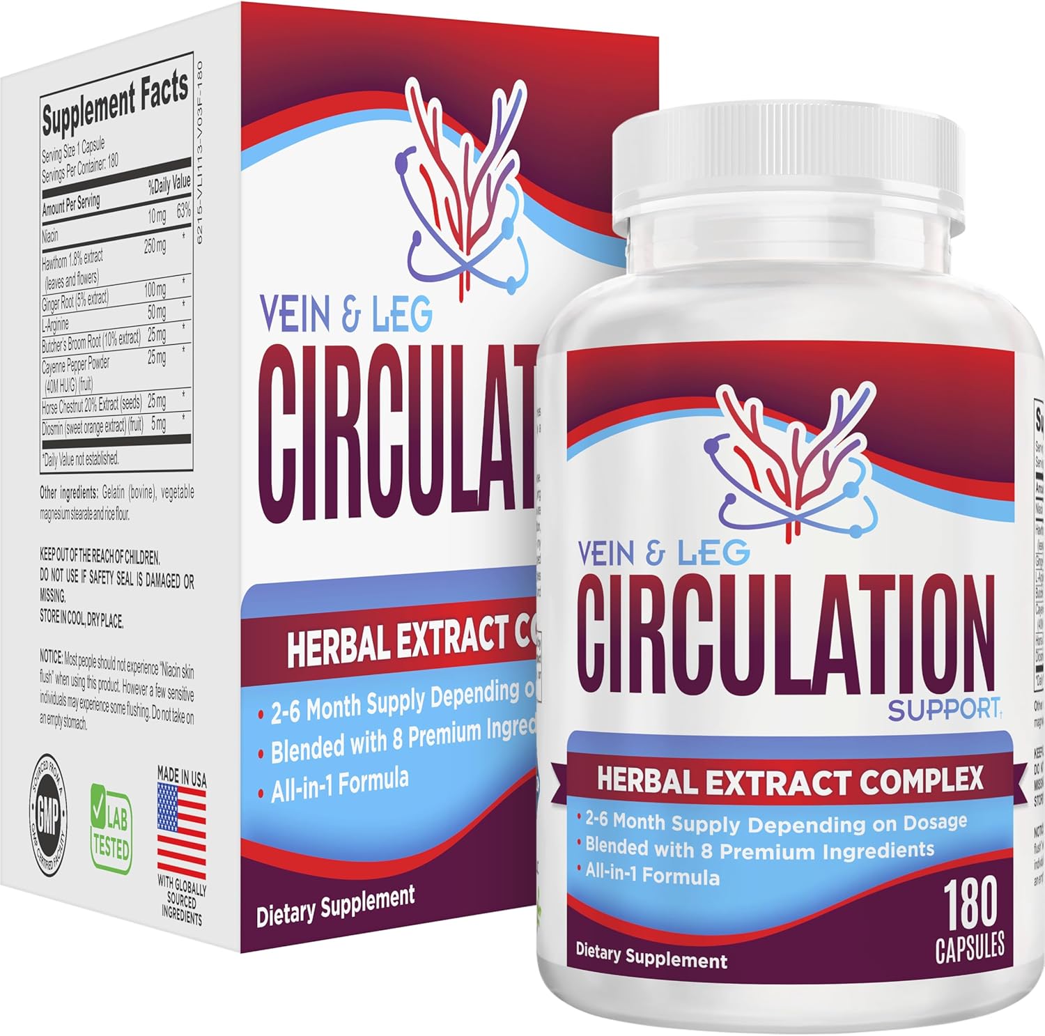 2-Month Vein & Leg Circulation Support Supplement (All-in-1) with 8 Active Ingredients | Leg & Vein Wellness Supplements | Daily Circulatory Formula | 60-Day Bulk Supply | 180 Capsules