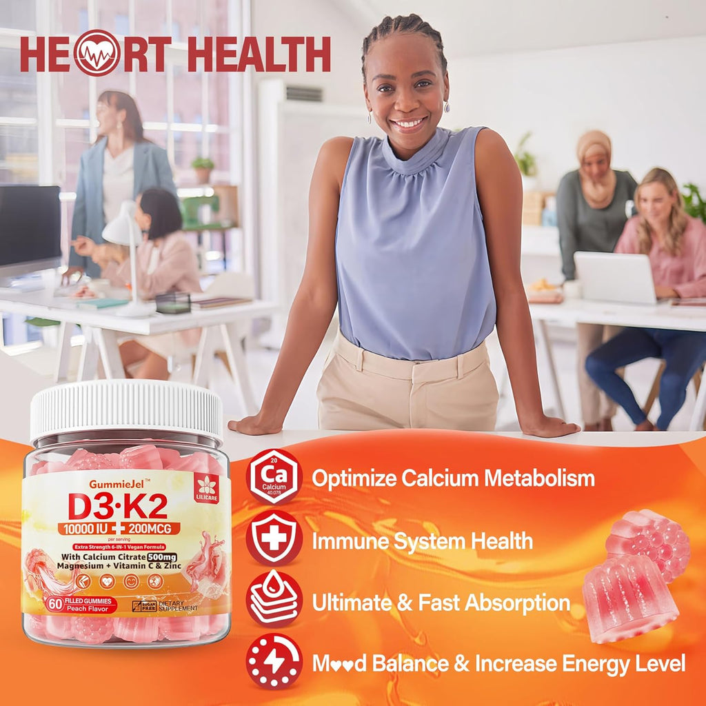 Vitamin D3 K2 Filled Gummies 5000IU / 10,000 IU with 500mg Calcium + K2(MK-7) 200mcg, Magnesium, Vitamin C & Zinc, Extra Strength - Ultimate Absorbency for Bones Muscles Teeth, Vegan -- Pack of 2
