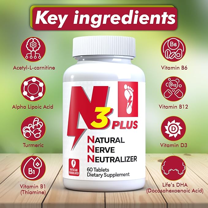 N3 Natural Nerve Neutralizer Plus - Nerve Support Supplement with Vitamin D3, B1, B6 & B12, Life’s DHA, Alpha Lipoic Acid, Acetyl-L-Carnitine & Turmeric - Nerve Repair & Regeneration Formula (Tablets)