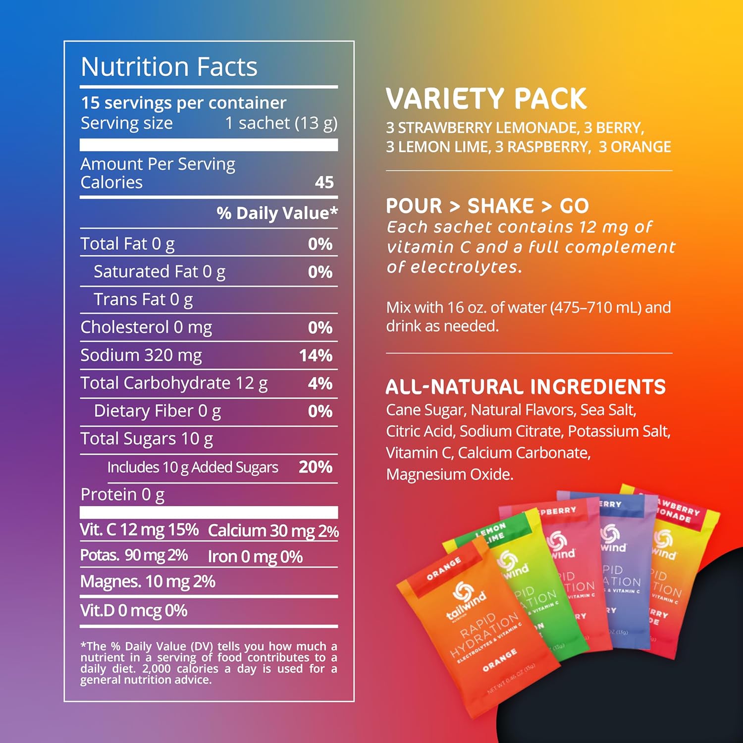 Tailwind Nutrition Rapid Hydration, Electrolyte & Hydration Powder, Vitamin C & Sea Salt Exercise Workout Mix, 5 Flavor Variety Pack, Pack of 15 Sticks