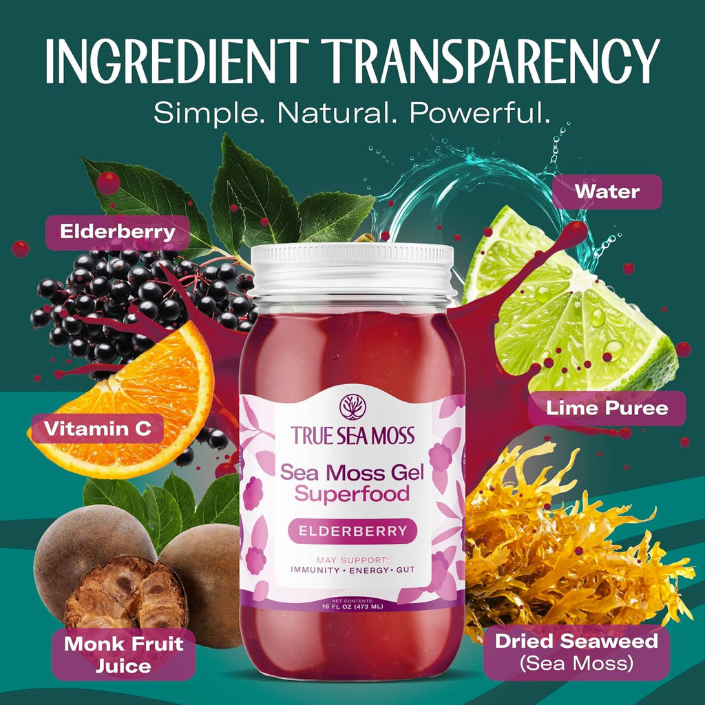 TrueSeaMoss Sea Moss Gel – Made in USA – Wildcrafted Seamoss, Fresh Fruits & Jarred Vegetables – Elderberry, Pack of 1 (Labels May Vary)