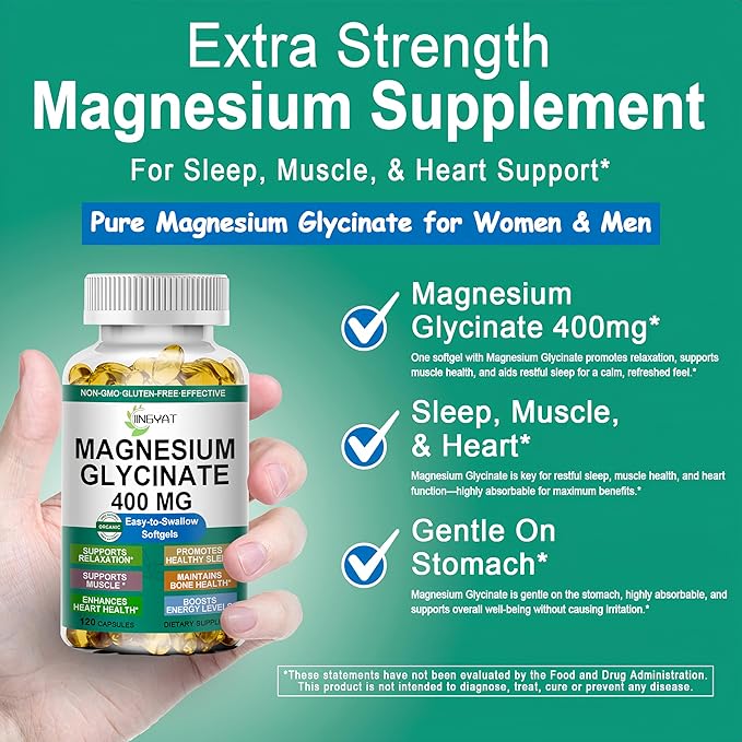 Magnesium Glycinate Softgels - High Absorption Pure Magnesium Glycinate 400mg for Sleep, Calm, Muscle Relaxation, Heart, Bone & Nerve Support for Women & Men - 100% Chelated & Purified Supplement