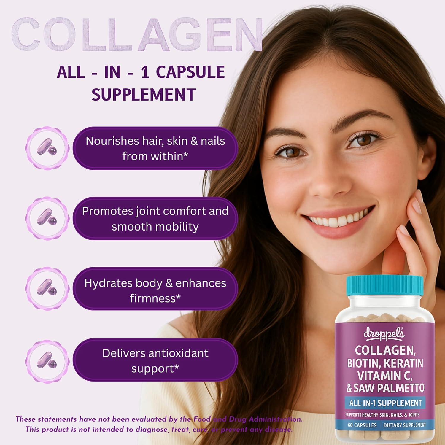 Droppels Collagen Capsules – Advanced Collagen + Biotin + Keratin + Vitamin C – Hair, Skin, Nails & Joints Support – 60 Count Dietary Supplement