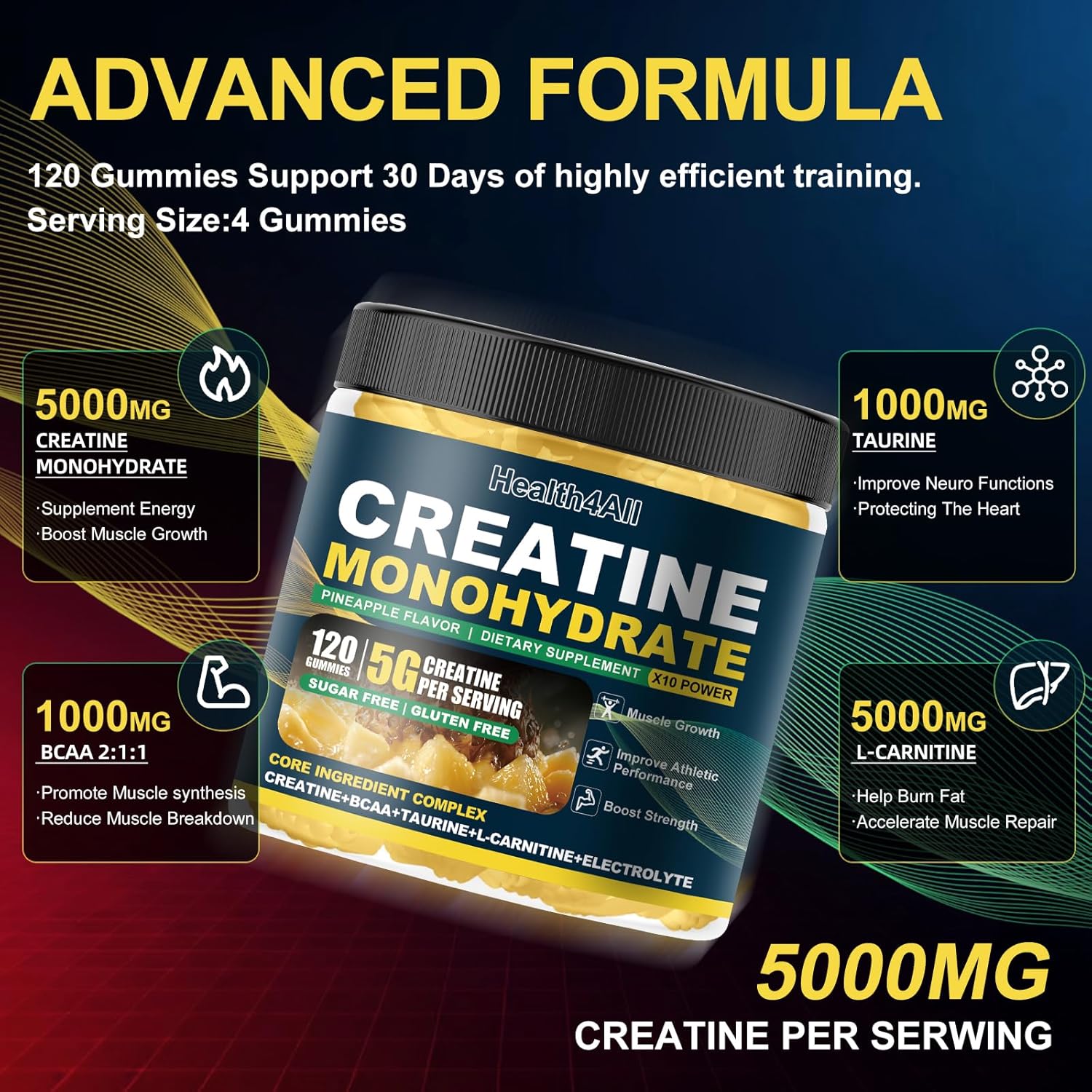 Health4All Creatine Monohydrate Gummies 5G for Men & Women, Preworkout Supplement for Energy & Muscle Growth Support with Electrolyte, BCAA, L-Carnitine & Taurine- Pineapple 120 Gummy