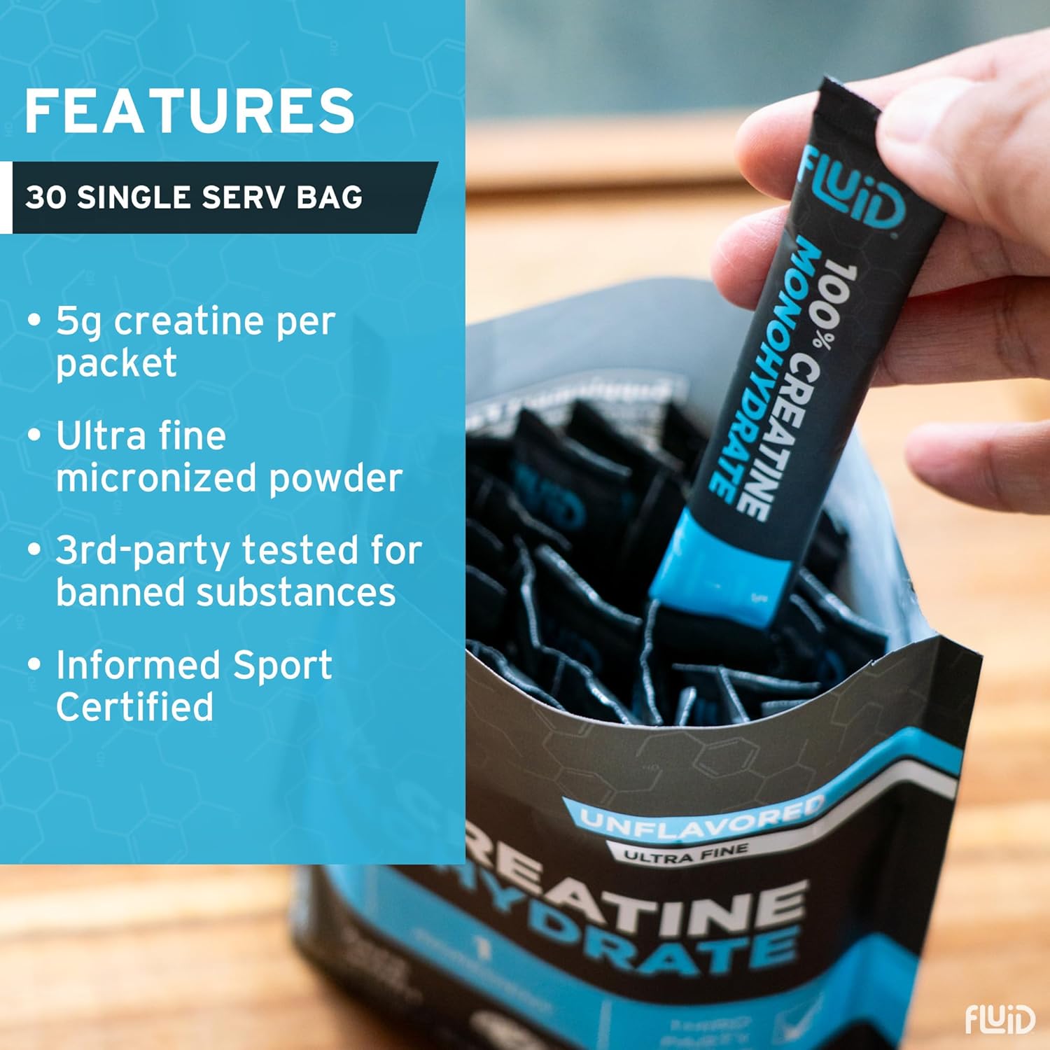Fluid - Ultra-Fine Micronized 100% Creatine Monohydrate, Informed Sport Certified, Safe for Athletes, 5g Serving (30 Single Servings)