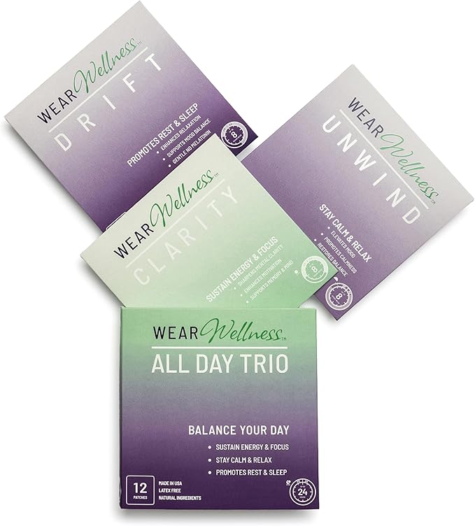 All Day Trio - Unwind, Drift & Clarity Film Patches - Topical Patches for Calm, Focus & Sleep Support - Long-Lasting Effect – 12 Pack