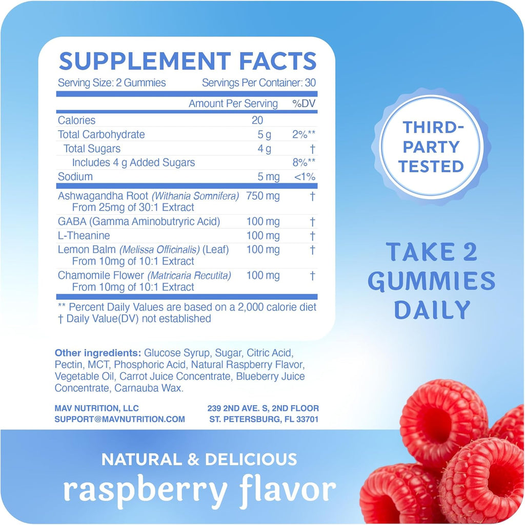 Calming Ashwagandha Gummies for Teens | Stress Relief Supplement with Theanine, GABA, Chamomile & Lemon Balm Calm Sleep Gummies | Natural Raspberry Flavor, Non-GMO, Third-Party Tested | 60 Ct