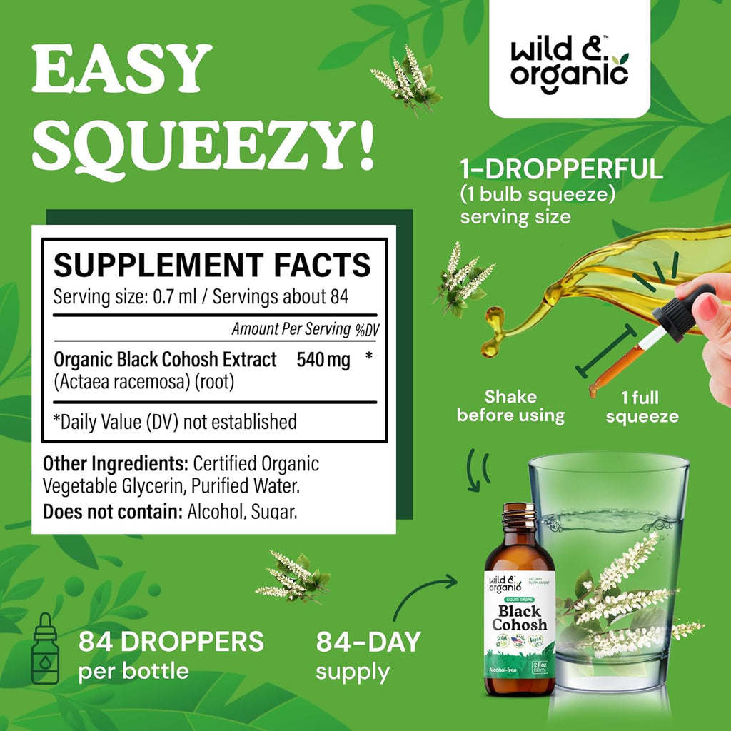 Wild & Organic Black Cohosh Liquid Drops 540 mg - Herbal Supplements for Women - Liquid Black Cohosh Extract Tincture - 2-Month Supply - Vegan, Sugar & Alcohol-Free - 2 fl oz