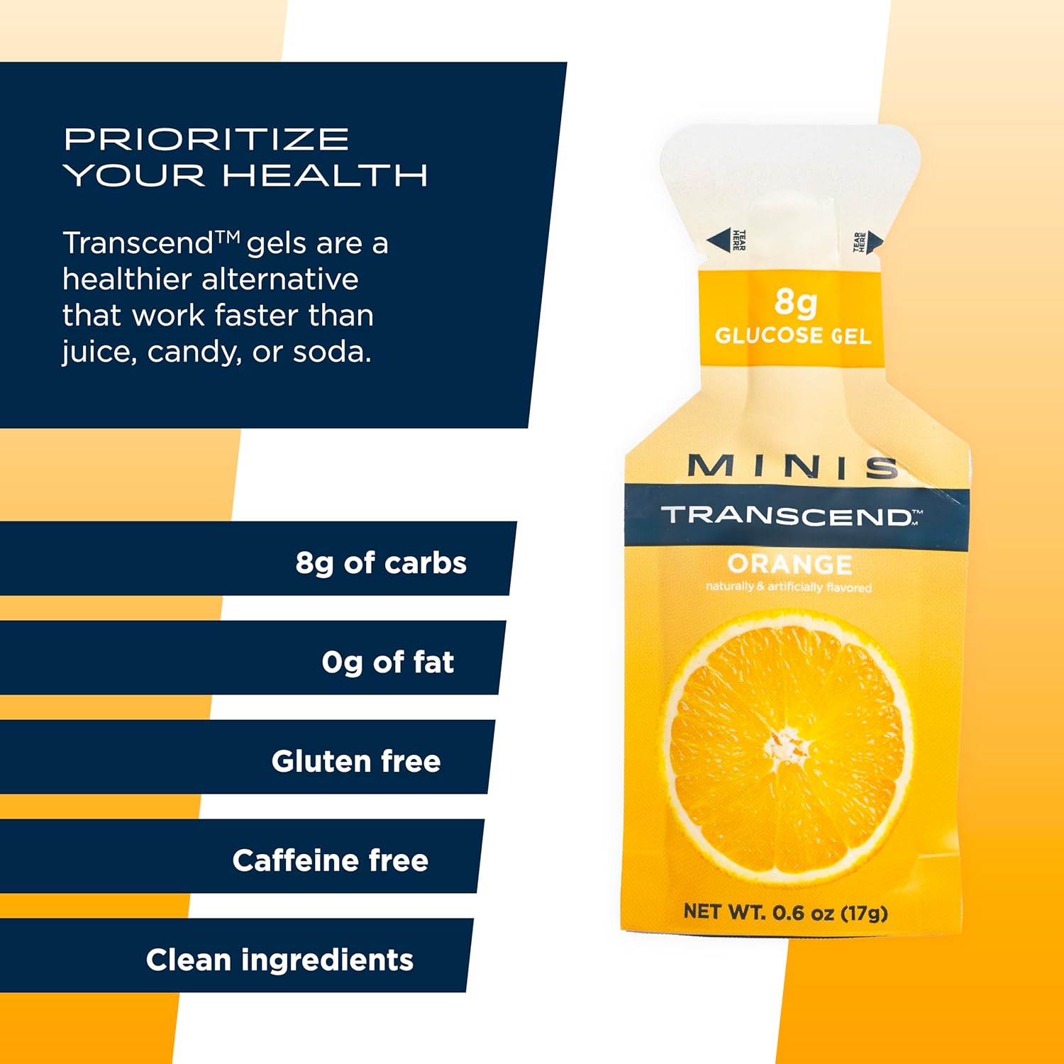 Transcend Foods Mini Orange Gel (.6 oz, Pack of 12) Fast-acting Carb Gel Orange Flavor – Travel Size, Caffeine Free, Gluten Free