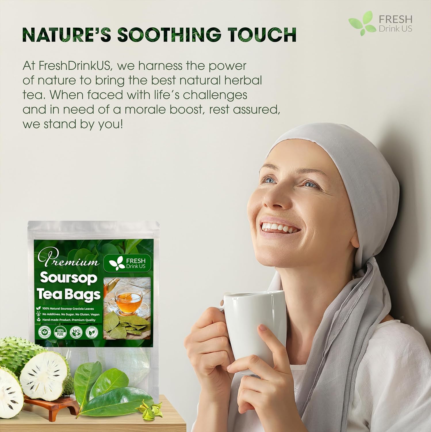 FreshDrinkUS, 150 Premium Soursop Graviola Leaf Tea Bags, 100% Natural and Pure, Hand-made, Made With Natural Materials-Corn Fiber Tea Bag, Sugar/Caffeine/Gluten Free, Hoja Guanabana Tea