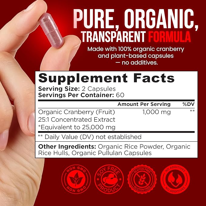 USDA Organic Cranberry Pills for Women – 25:1 Fruit Extract, 25,000 mg Strength – Urinary Tract & Bladder Support – Cranberry Supplement for Women & Men – Vegan, Non-GMO – 60-Day Supply – 120 Capsules