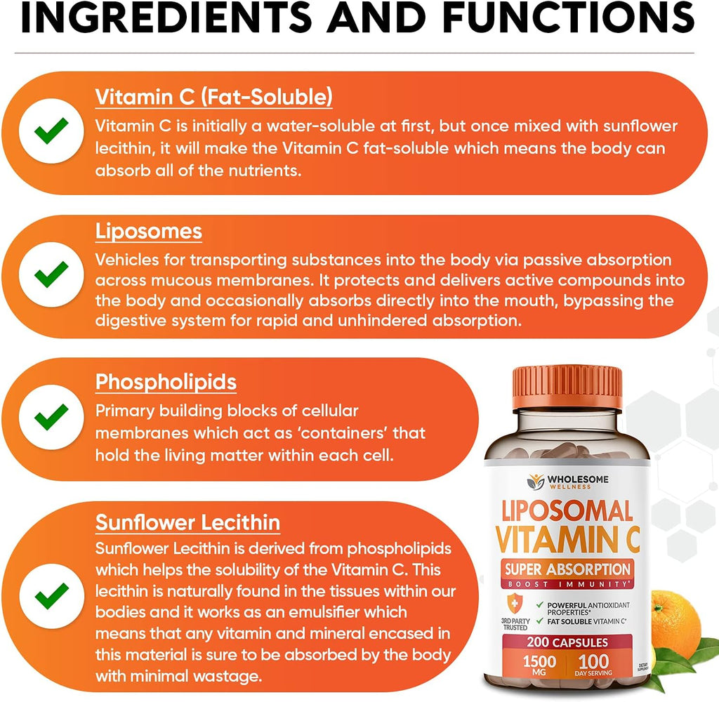 Wholesome Wellness Liposomal Vitamin C Capsules (200 Pills 1500mg Buffered) High Absorption, Immune System & Collagen Booster, High Dose Fat Soluble Immunity Support Ascorbic Acid, Natural Vegan