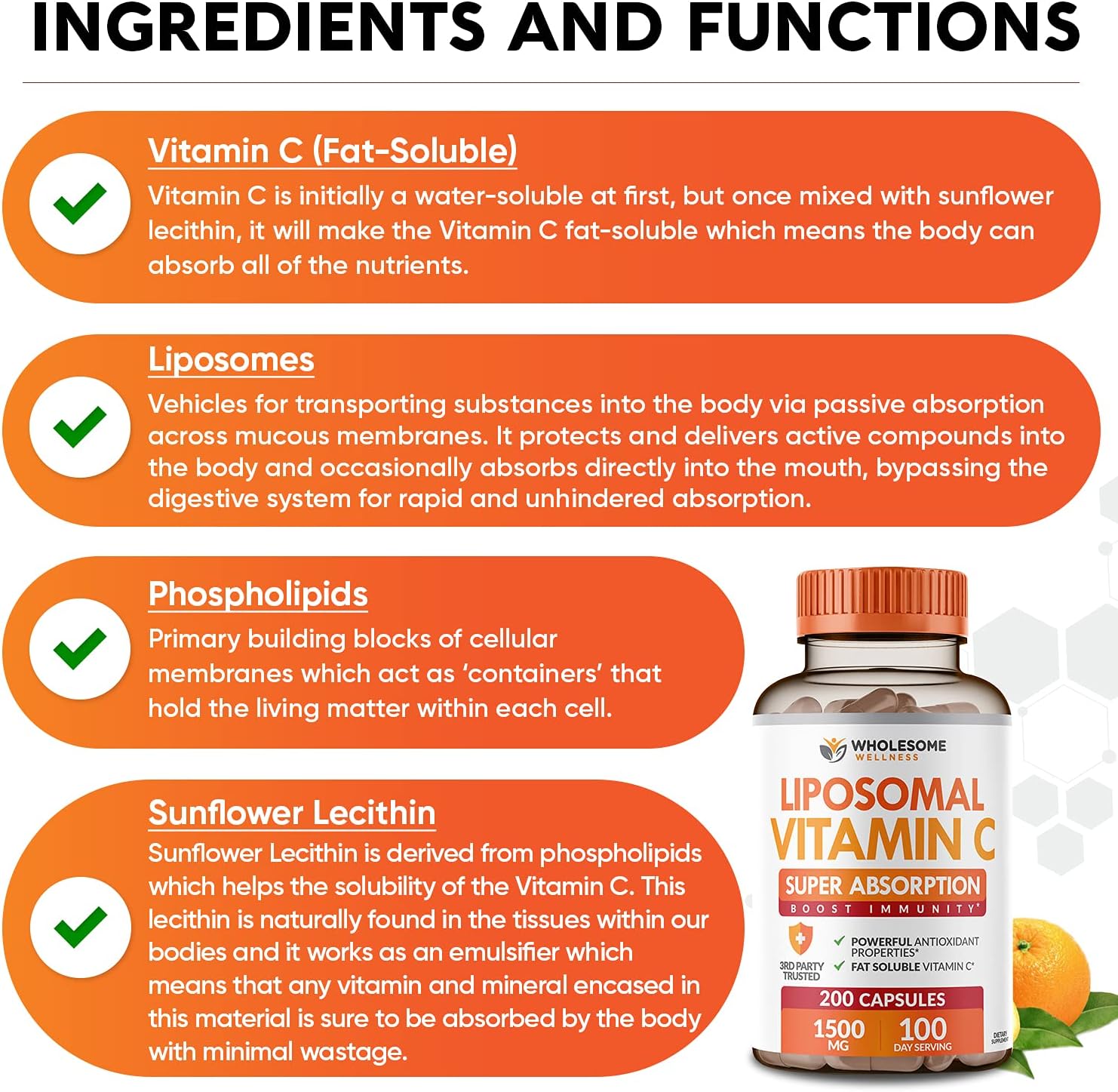 Wholesome Wellness Liposomal Vitamin C Capsules (200 Pills 1500mg Buffered) High Absorption, Immune System & Collagen Booster, High Dose Fat Soluble Immunity Support Ascorbic Acid, Natural Vegan