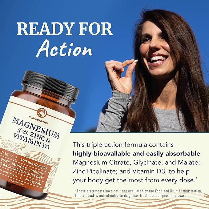Magnesium Zinc & Vitamin D3 | 260MG Complex | High Absorption Mag Citrate, Glycinate & Malate | Muscle, Nerve Function & Bone Health Support | Zinc and Magnesium Supplement with VIT D3 | 60 Ct.