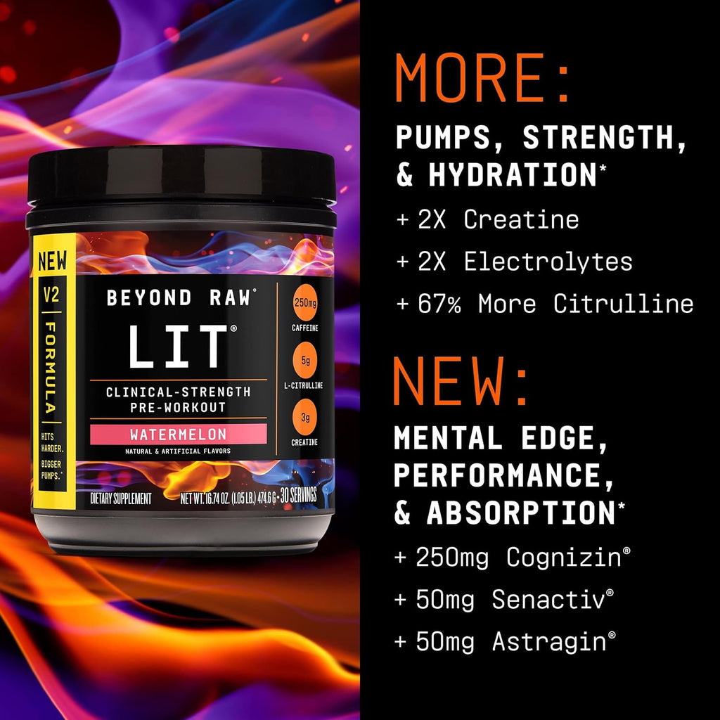 BEYOND RAW LIT V2 Clinical Strength Pre Workout Powder, Hits Harder, Bigger Pumps, Caffeine, L-Citrulline, Creatine, Watermelon, 30 Servings