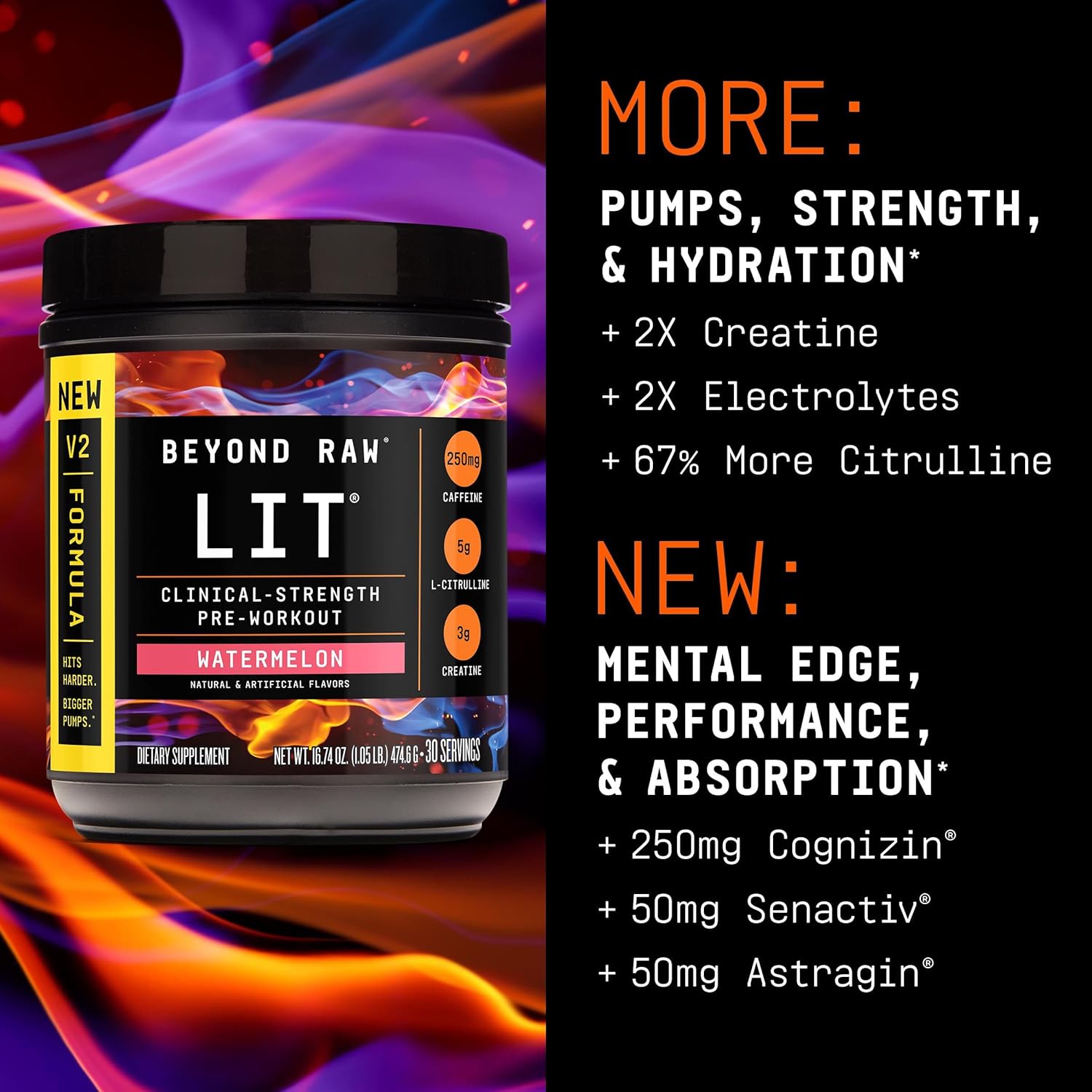 BEYOND RAW LIT V2 Clinical Strength Pre Workout Powder, Hits Harder, Bigger Pumps, Caffeine, L-Citrulline, Creatine, Watermelon, 30 Servings