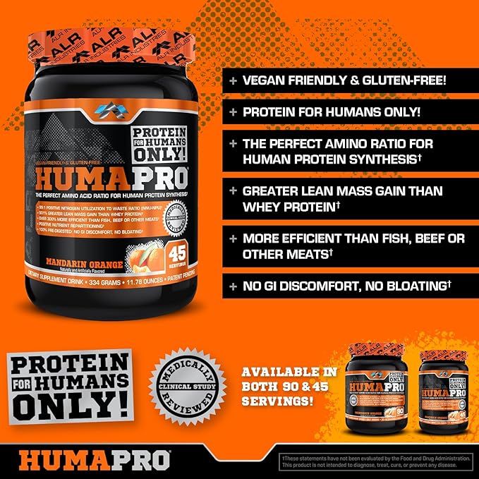 Humapro | Amino Acids Protein Matrix for Humans | 99% Utilization for Lean Muscle | Vegan, Gluten Free | 334g / 45 Servings (Mandarin Orange)