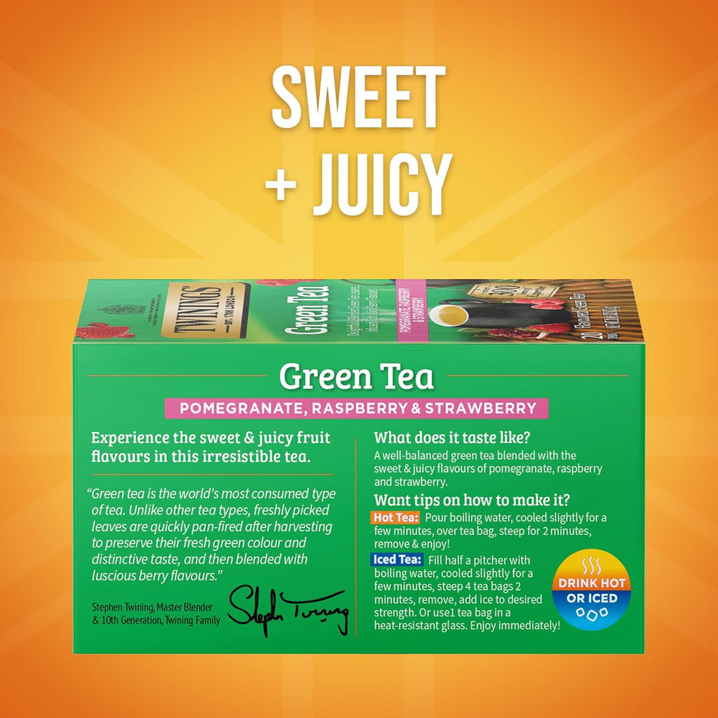 Twinings Green Tea with Pomegranate, Raspberry, & Strawberry Individually Wrapped Bags, 20 Count (Pack of 1), Caffeinated, Enjoy Hot or Iced, 20 Teabags