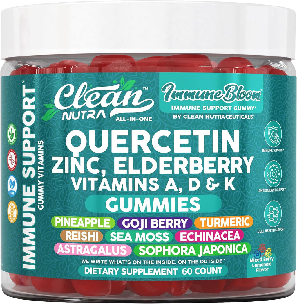 Clean Nutraceuticals Quercetin Zinc Elderberry VitaminDVitaminK2 Goji Berry Turmeric Sea Moss Echinacea Astragalus Mushrooms Olive Leaf Extract D3K2 Selenium Supplements Immunity 60 Gummies