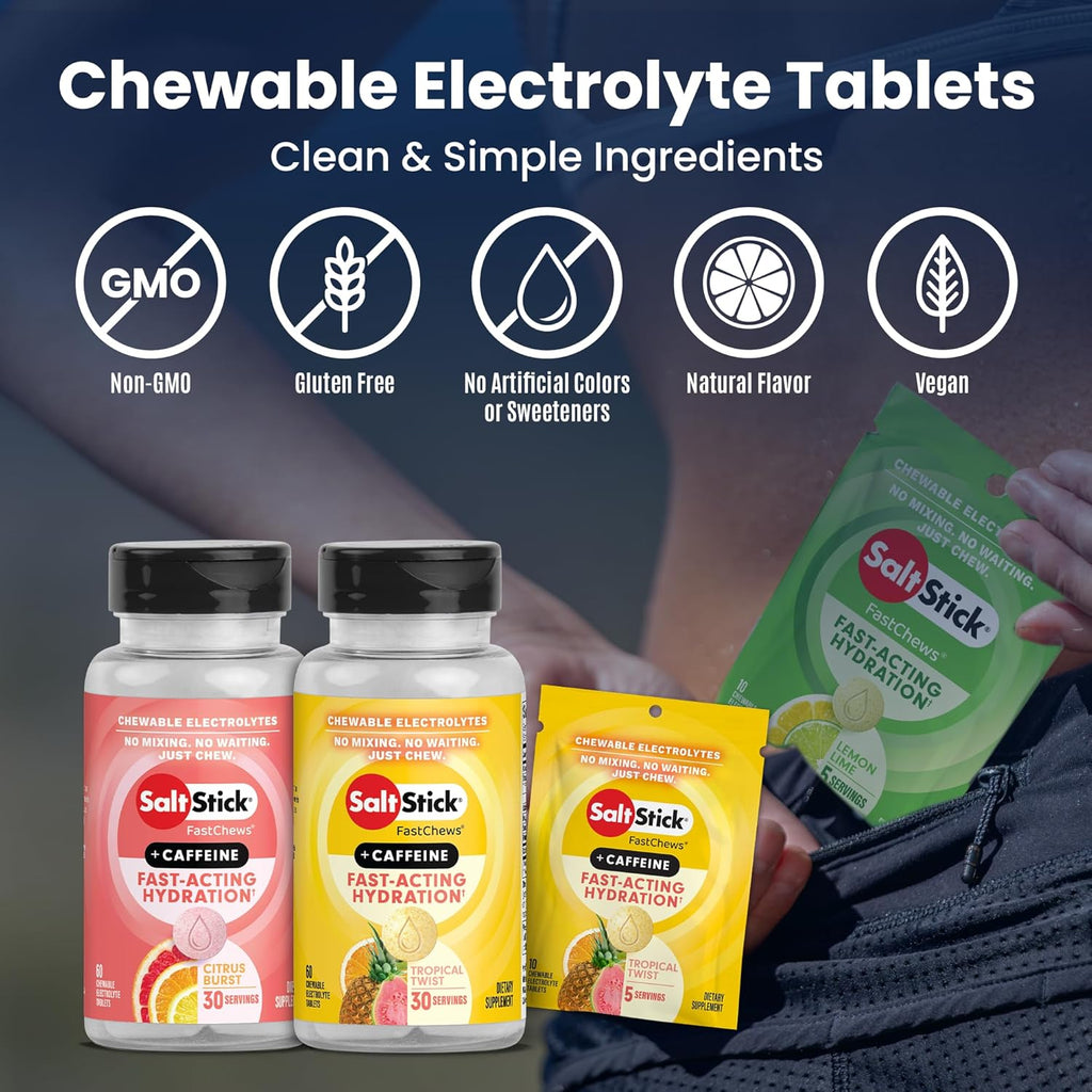 SaltStick Electrolyte FastChews with Caffeine - 60 Citrus Burst Chewable Electrolytes - Salt Tablets for Running and Hydration, Electrolyte Chews - 60 Count