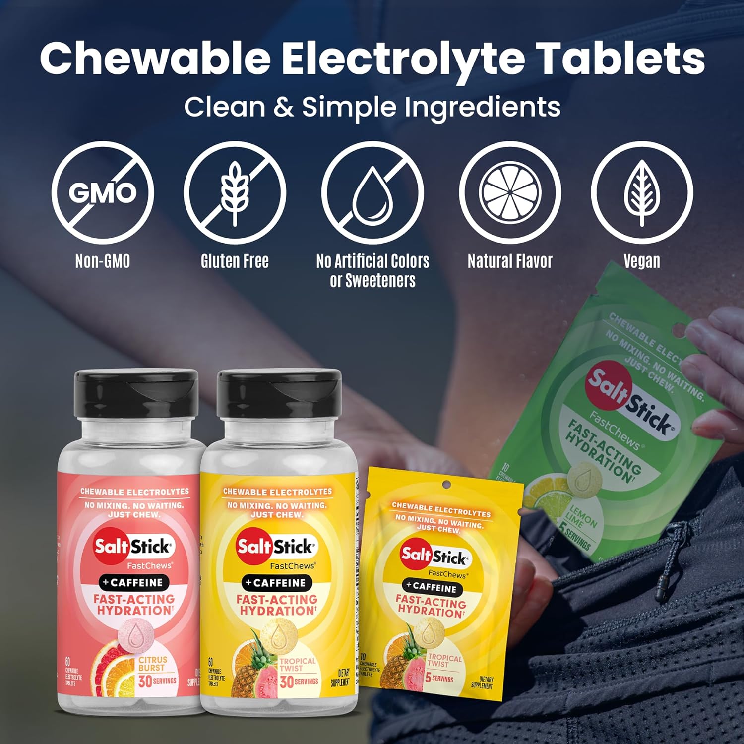 SaltStick Electrolyte FastChews with Caffeine - 60 Citrus Burst Chewable Electrolytes - Salt Tablets for Running and Hydration, Electrolyte Chews - 60 Count