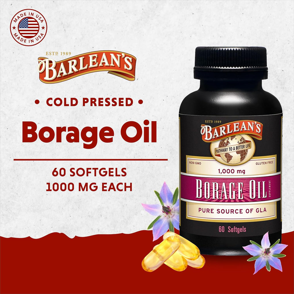 Barlean's Borage Oil Supplements, Cold Pressed Pure Borage Seed Oil Supplement Softgels for Men and Women, 1000 mg GLA Fatty Acids, 60 Count