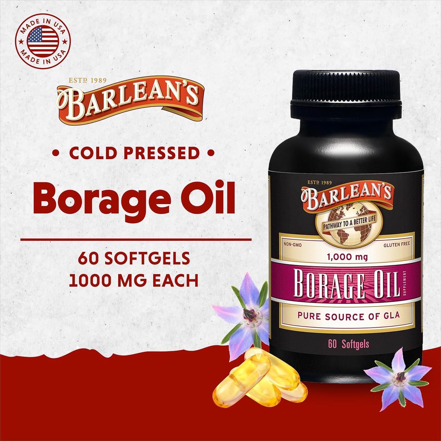 Barlean's Borage Oil Supplements, Cold Pressed Pure Borage Seed Oil Supplement Softgels for Men and Women, 1000 mg GLA Fatty Acids, 60 Count