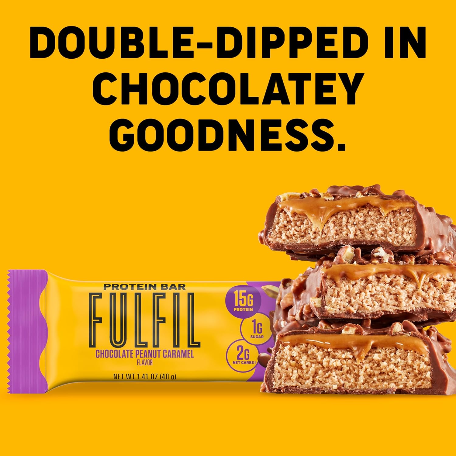 FULFIL Protein Snack Bars, Chocolate Peanut Caramel Flavored, Gluten Free with 15g Protein, Pantry Staples, 12 Count