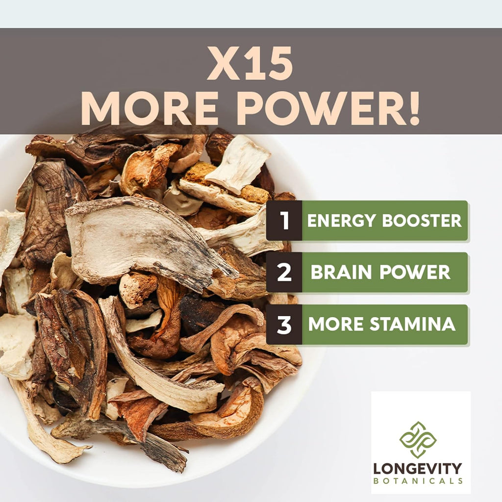 Power 15 Powder Mushroom Blend Supplement 100g | High Strength Extract Complex | With Lions Mane, Turkey Tail, Cordyceps, Reishi, Chaga & Tremella | 20% Beta-D Glucans | Immunity & Vitality Support