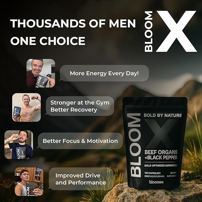 Beef Organ Supplement for Men | 100% Grass Fed Beef Liver Capsules with Bull Testicle, Prostate, Bone Marrow & More | Bloom X - Ancestral Superfoods for Vital Energy, Immunity & Men’s Health | 180 ct