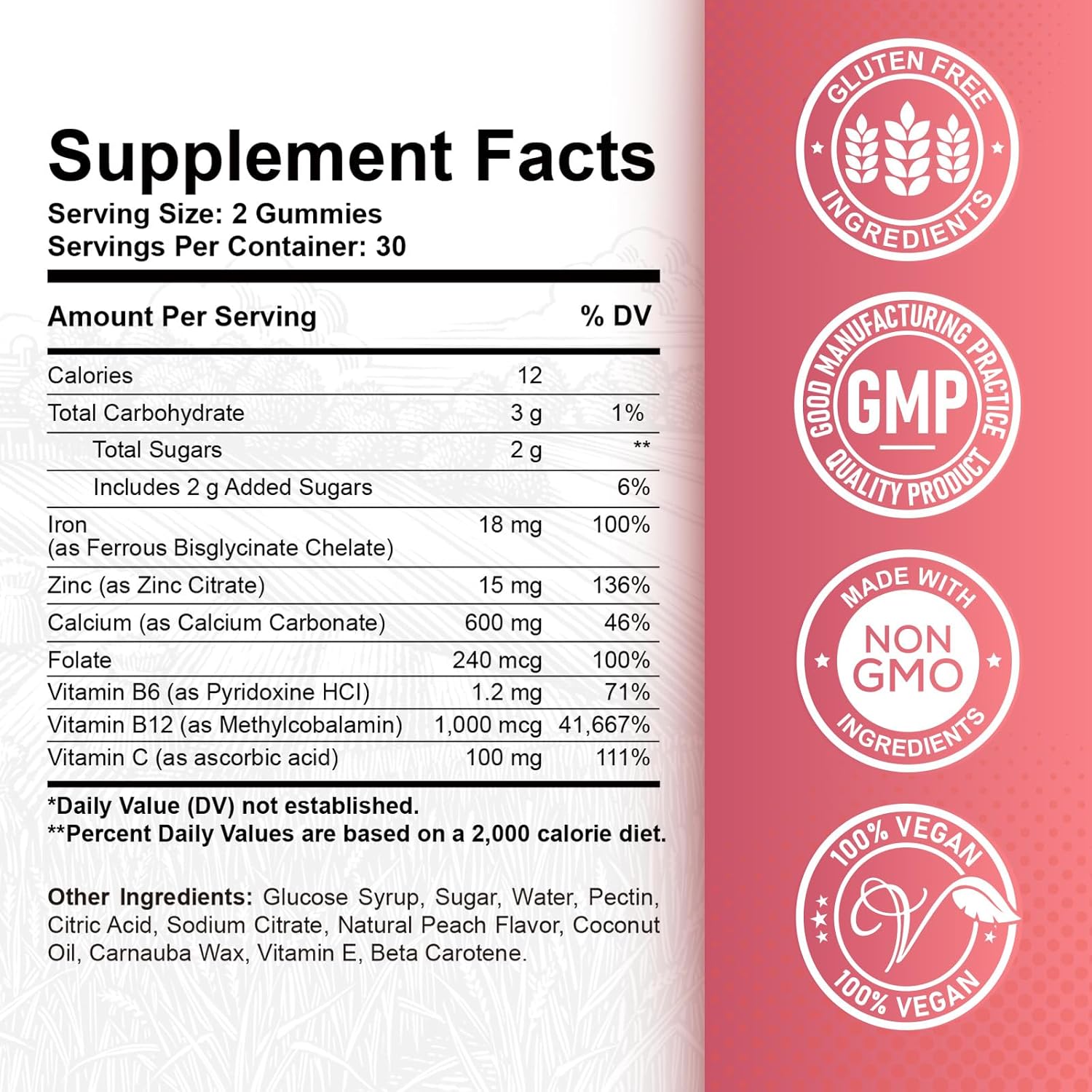 Iron Gummies with Zinc, Calcium, Vitamin C, B6 & B12 | Iron Supplement for Women, Men & Kids | Supports Anemia & Deficiency, Blood Builder & Cell Formation | Chewable Peach Flavor, 60 Gummies