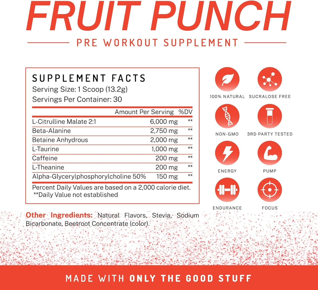 PWDRS Pre-Workout Powder, All Natural Pre Workout for Energy, Pump, Endurance & Strength, with Caffeine (Fruit Punch)