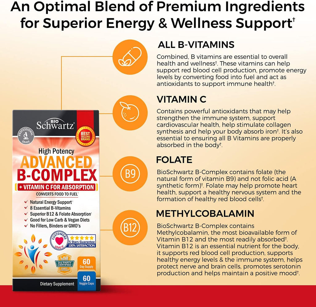 Vitamin B Complex with Vitamin C for Maximum Absorption - Methylcobalamin b12 & Folate Folic Acid Supplement - B1 B2 B3 B5 B6 B7 B9 for Immune Energy & Nervous System Support - Non-GMO, 60 count