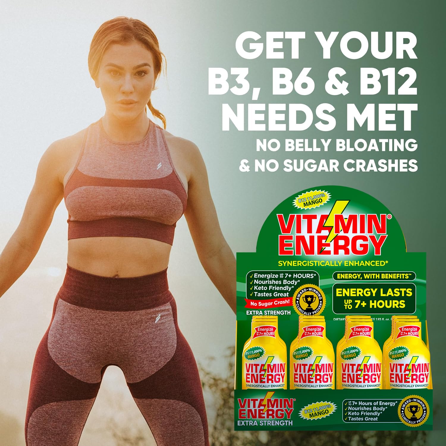 Vitamin Energy B12 11,000% Extra Strength Energy Shot Mango 12 Pack, 260mg Natural Caffeine, B12 & B6, Nootropic Focus, Vitality, Zero Sugar, Gluten-Free, Vegan, Kosher, 1.93 fl oz
