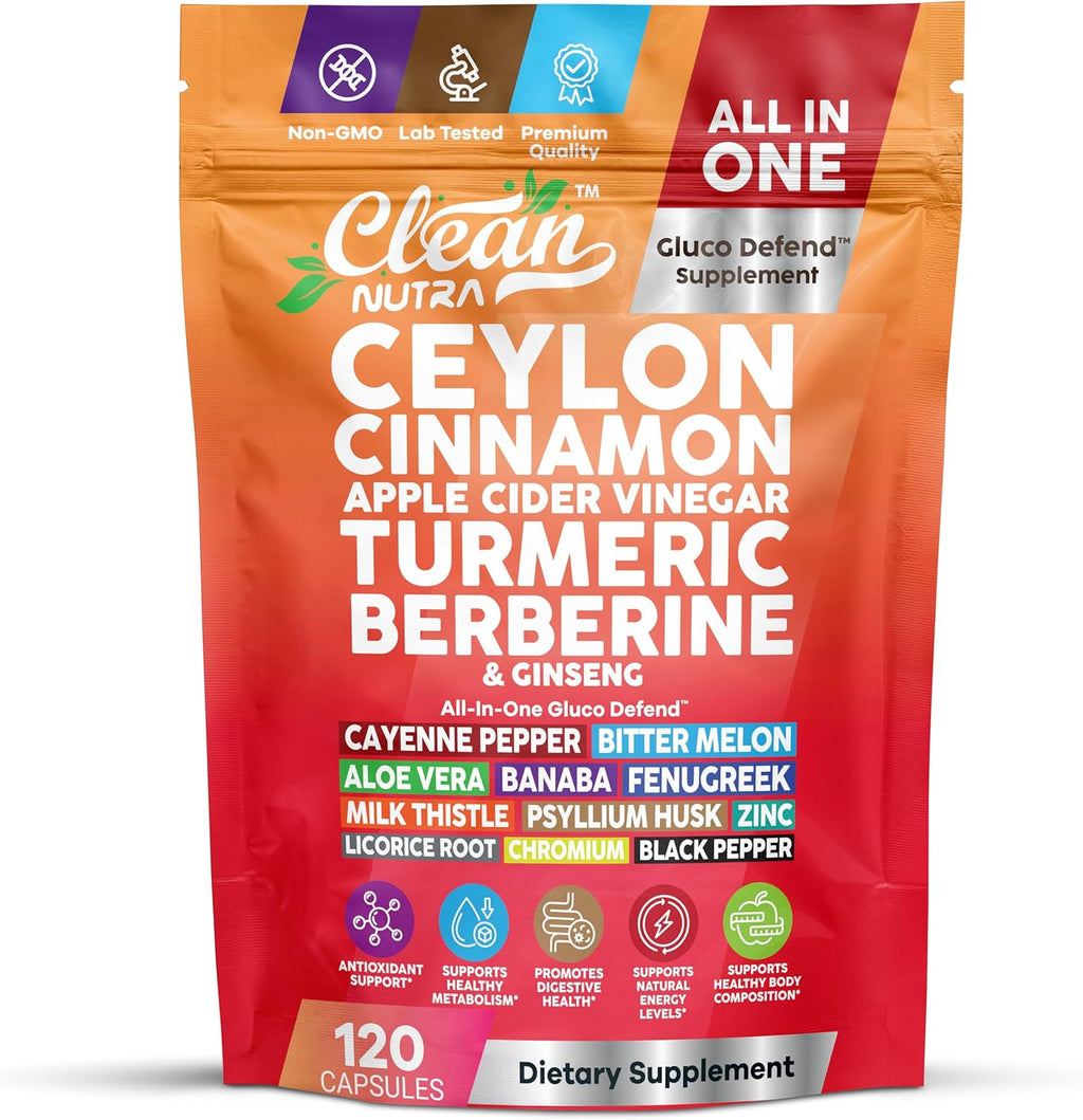 Ceylon Cinnamon Capsules + Apple Cider Vinegar Turmeric Berberine Supplement Ginseng Cayenne Pepper Bitter Melon Aloe Vera Fenugreek Milk Thistle Chromium 120 Pills Gluco Defend by Clean Nutra