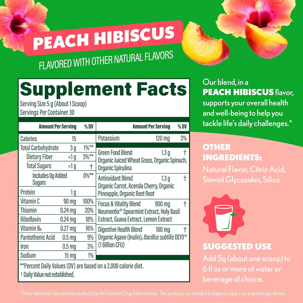 Amazing Grass Sweet Greens and Superfoods Powder for Digestive Health, Greens Powder, Digestive Enzymes, Probiotics, Spirulina, Chlorella, Peach Hibiscus, 30 Servings