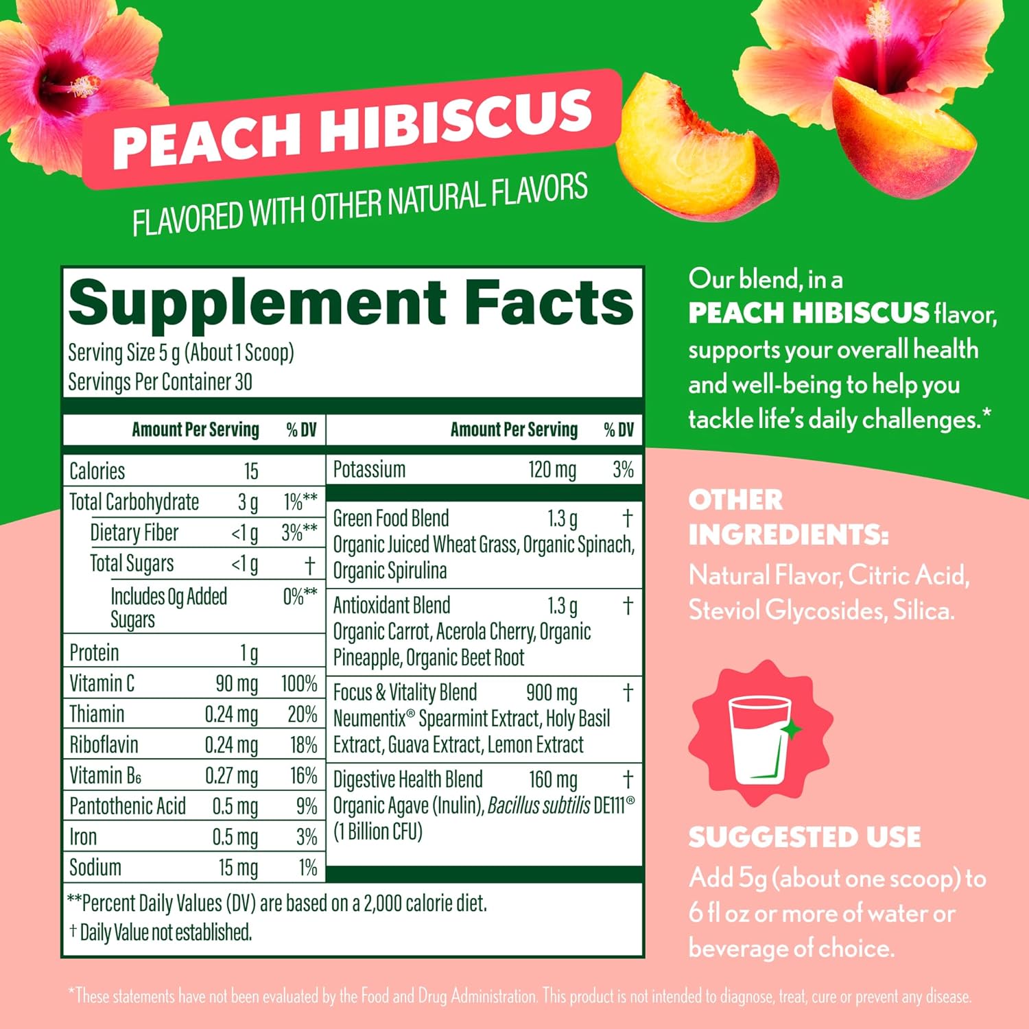 Amazing Grass Sweet Greens and Superfoods Powder for Digestive Health, Greens Powder, Digestive Enzymes, Probiotics, Spirulina, Chlorella, Peach Hibiscus, 30 Servings