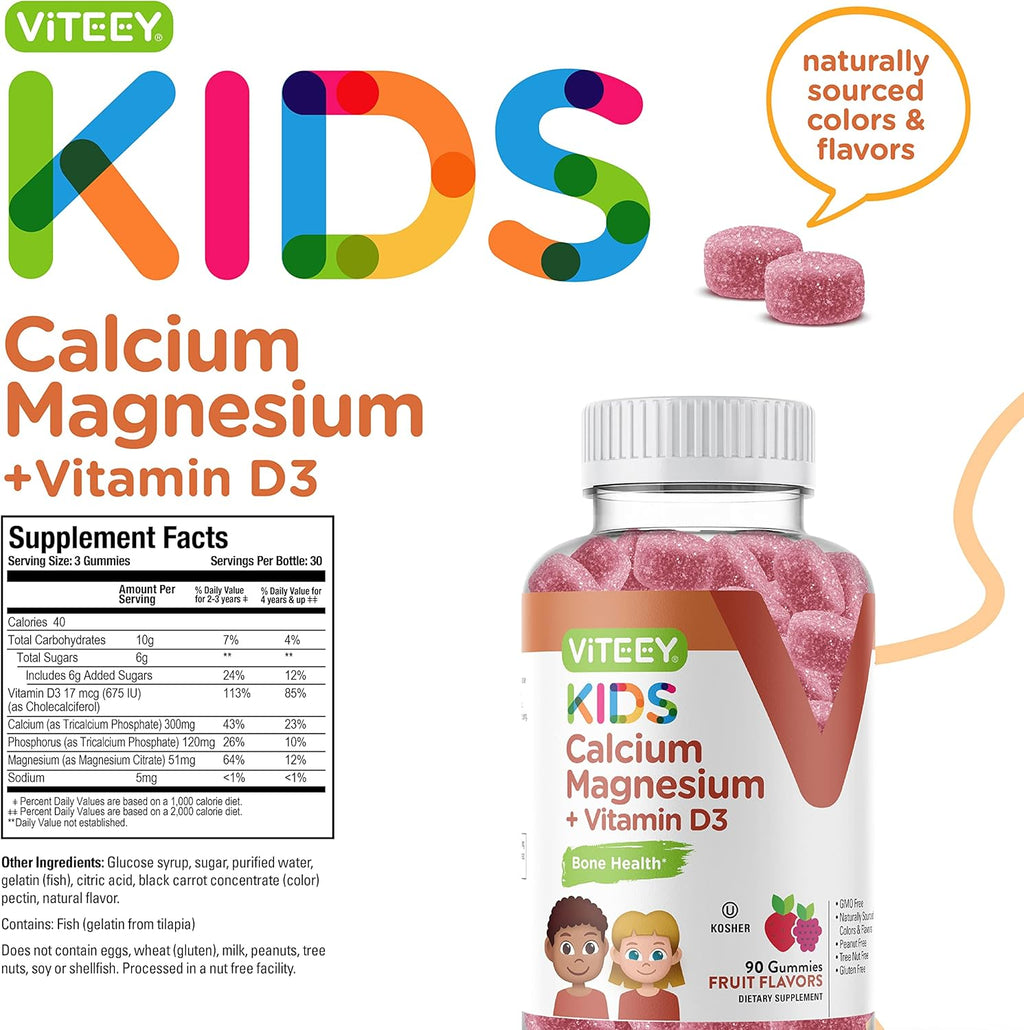 Viteey Kids Calcium Gummies + Vitamin D3 & Magnesium Citrate for Kids and Teens - Supports Bone Health, Immune Support, Energy & Muscle Function - Gluten Free,GMO Free - Tasty Chewable Fruit Flavored