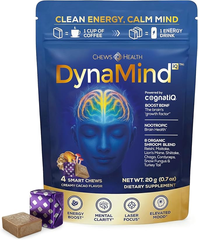 DynaMind iQ Chews - Best Brain Memory and Focus Supplement for Adults, Nootropic Supplement, Supports BDNF, Memory Booster – Natural Caffeine & Functional Mushrooms for Cognitive Performance, 4 Count
