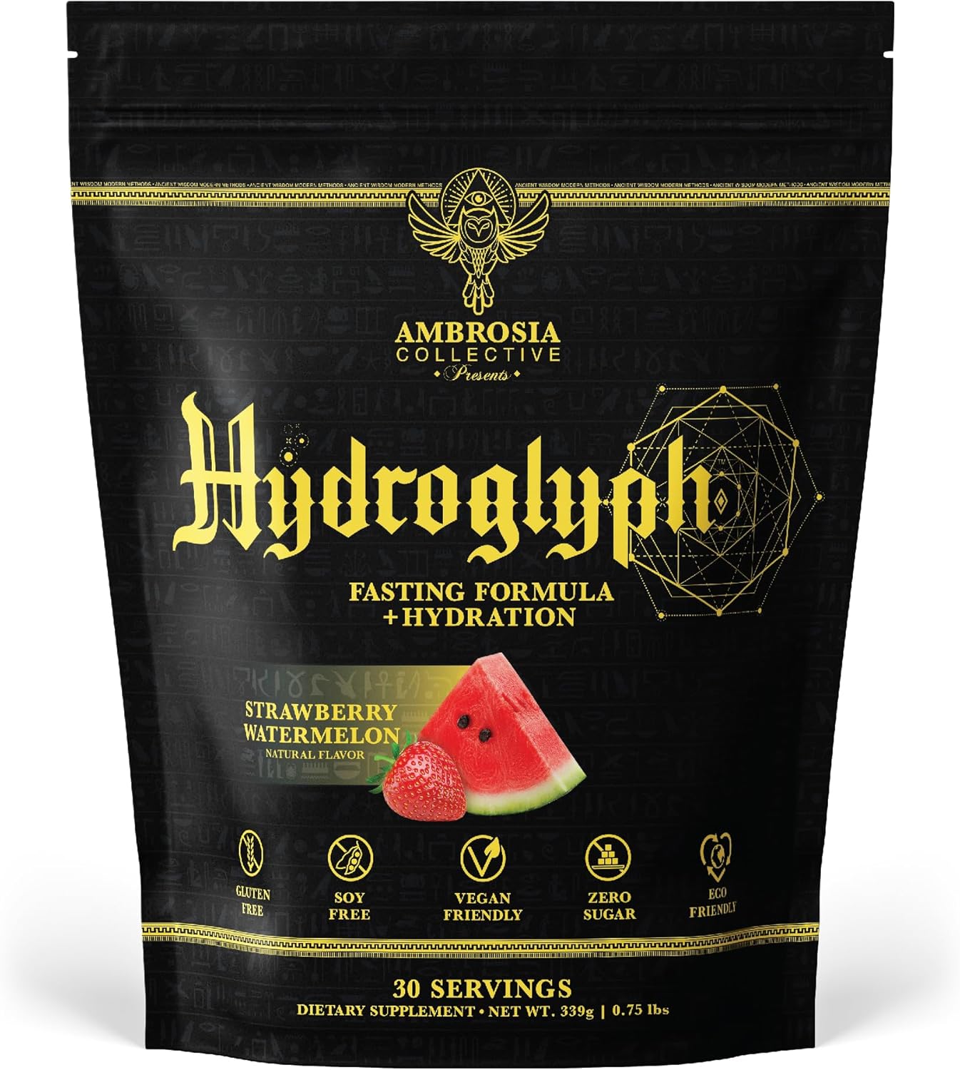 Ambrosia Hydroglyph Intraworkout Electrolytes Hydration Drink Mix | Sugar Free Electrolyte Powder with Amino Acids | Supports Lean Muscle During Fasting | 30 Servings | Strawberry Watermelon