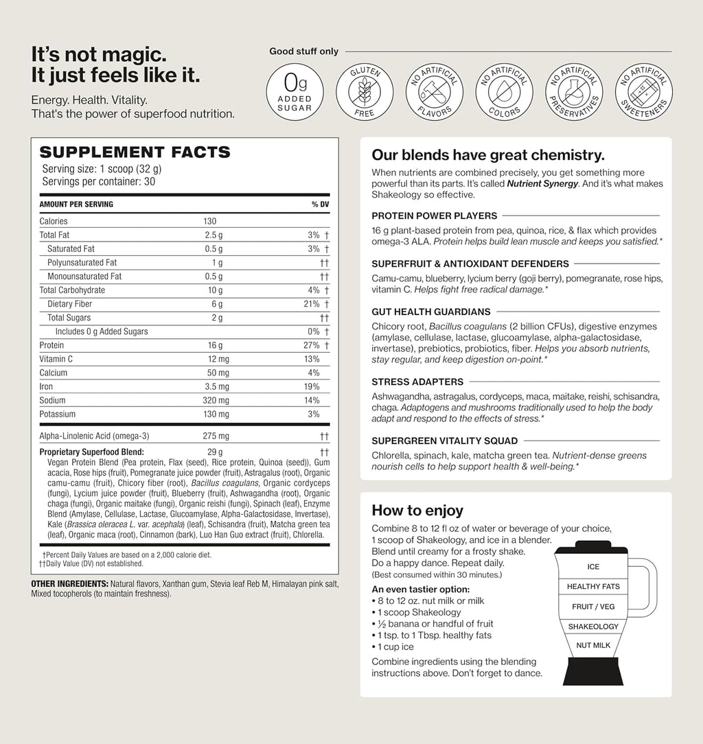 Shakeology 0g Added Sugar Plant Based Protein Powder Blend, Gluten-Free Shake with Vitamins and Minerals – Helps Support Healthy Weight Loss, Lean Muscle, Gut Health – Vanilla, 30 Servings