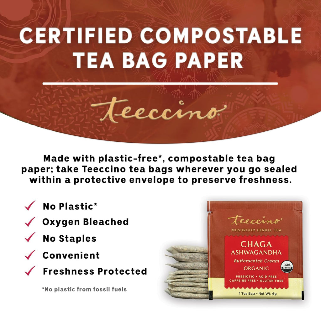 Teeccino Chaga Ashwagandha Tea - Butterscotch Cream - 25 Tea Bags - Organic Mushroom Adaptogenic Herbal Tea, 3x More Herbs than Regular Tea Bags, Prebiotic, Caffeine Free, Gluten Free