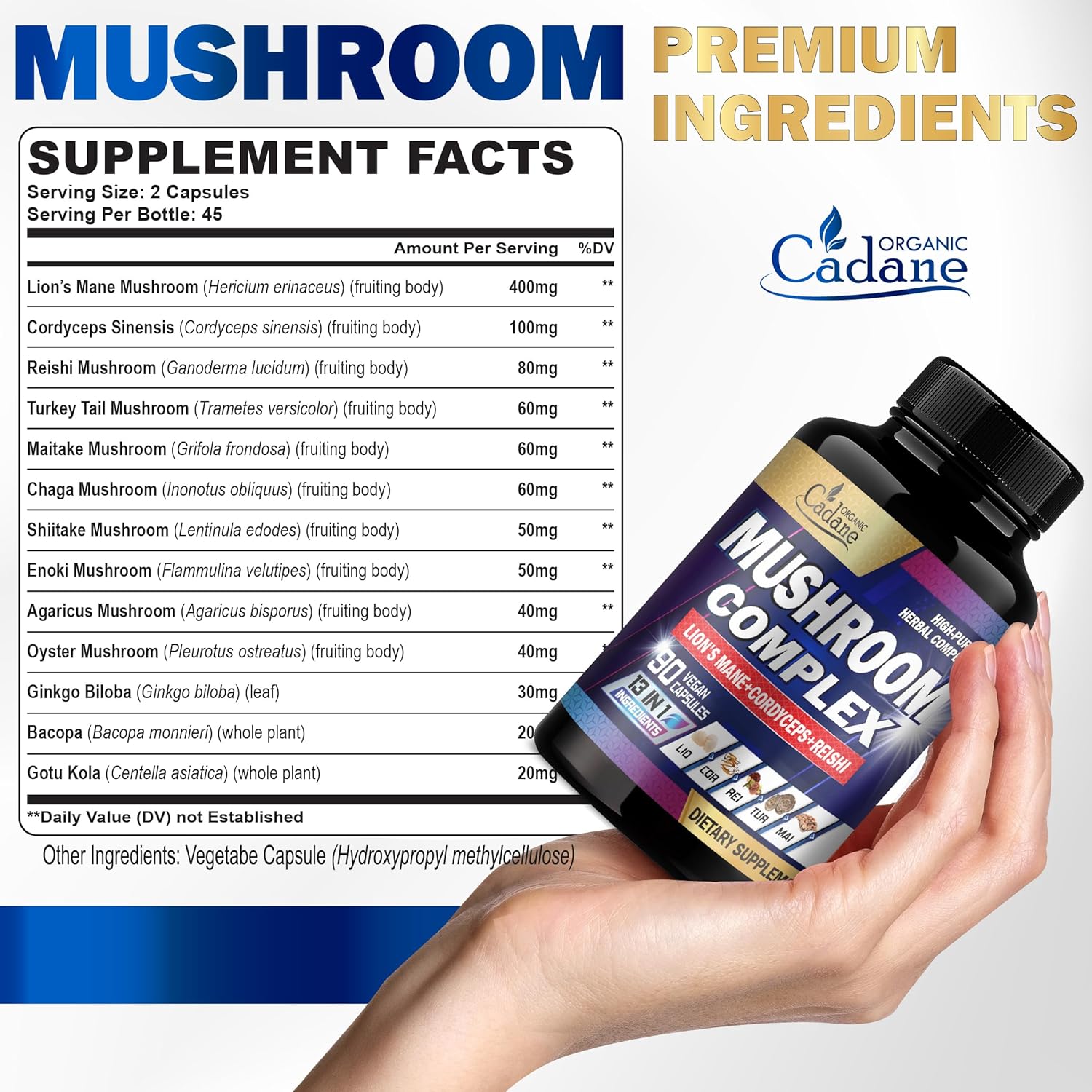 Cadane Mushroom Complex Supplements - 13in1 Concentrated with Lions Mane, Cordyceps Sinensis, Reishi, Turkey Tail Mushroom, Maitake, Chaga, Shiitake, Enoki, Agaricus, Oyster & More - 90 Vegan Capsules
