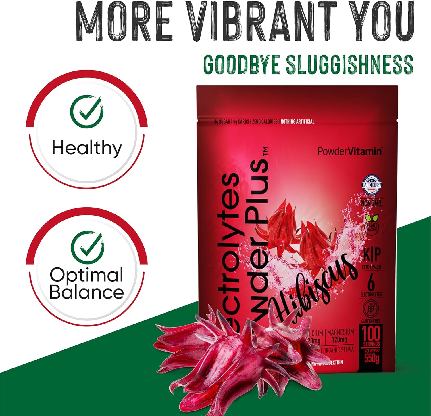 PowderVitamin Electrolytes Powder Plus (100 Servings) Hibiscus Electrolyte Powder Zero Calorie Keto,0 Sugar, No Maltodextrin,1000mg Potassium,120mg Calcium,120mg Magnesium, Hydration Powder