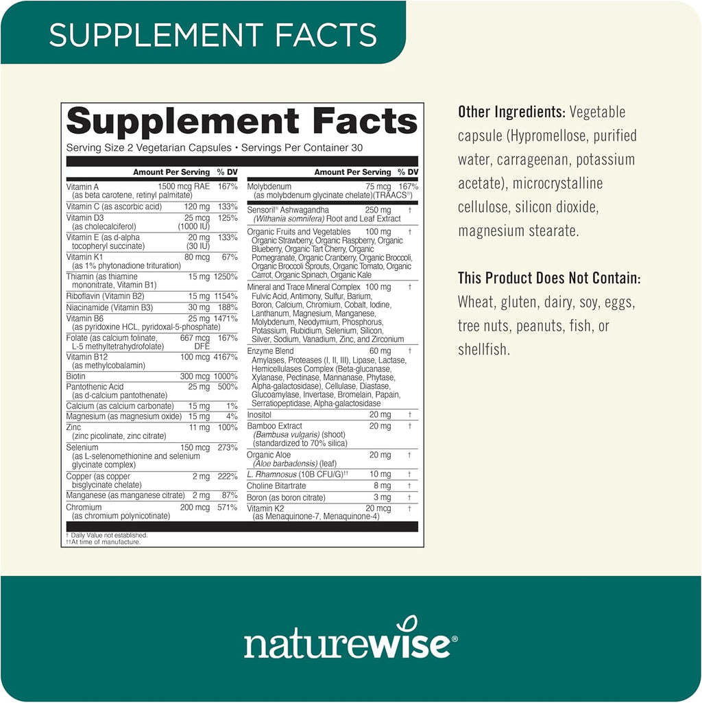NatureWise Multivitamin for Men + Stress Support + Fulvic Ionic Minerals + Probiotics for Immunity, Male Health, Digestion + Whole Organic Foods - Vegetarian, Non-GMO - 60 Capsules[1-Month Supply]